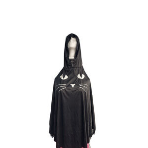 Black Cat Costume Hooded Poncho Cape Womens Halloween With Ears Tail